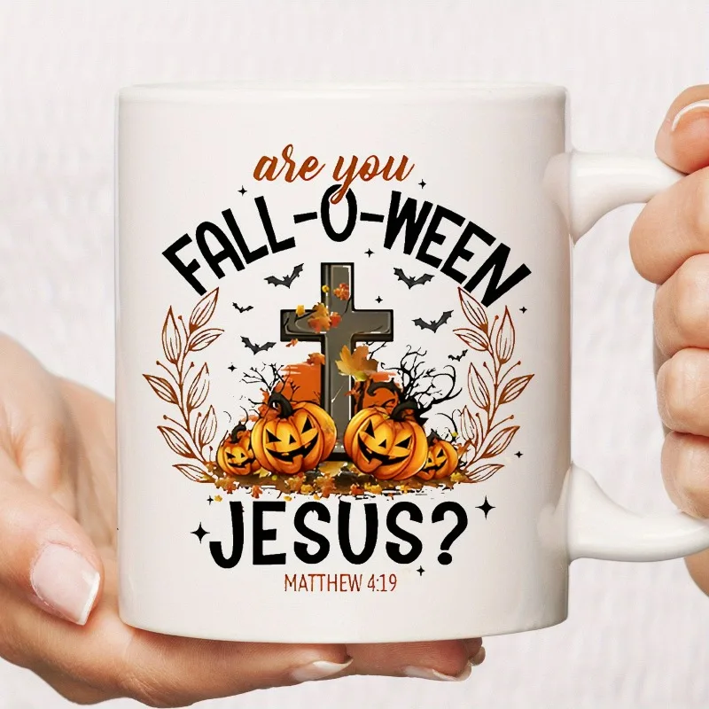 

11oz Christian Halloween Coffee Mug with 'Are You Fall-oween' Bible Verse (Matthew 1:21) - Spooky Pumpki