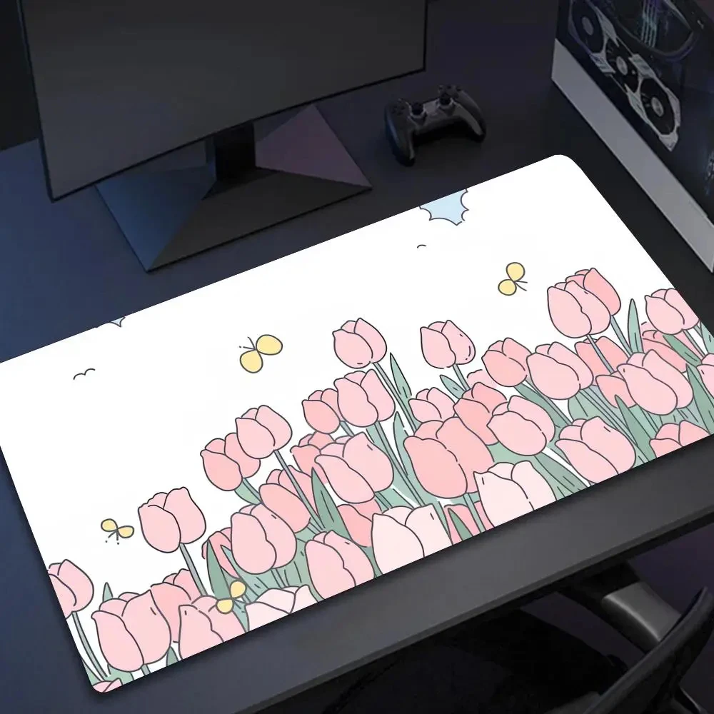 Pink Flower Large Desk Mats Green Plant Flower Deskpads Cute Bunny Mouse Pad Computer Mousepad Kawaii Mause pads 900x400mm Xxl