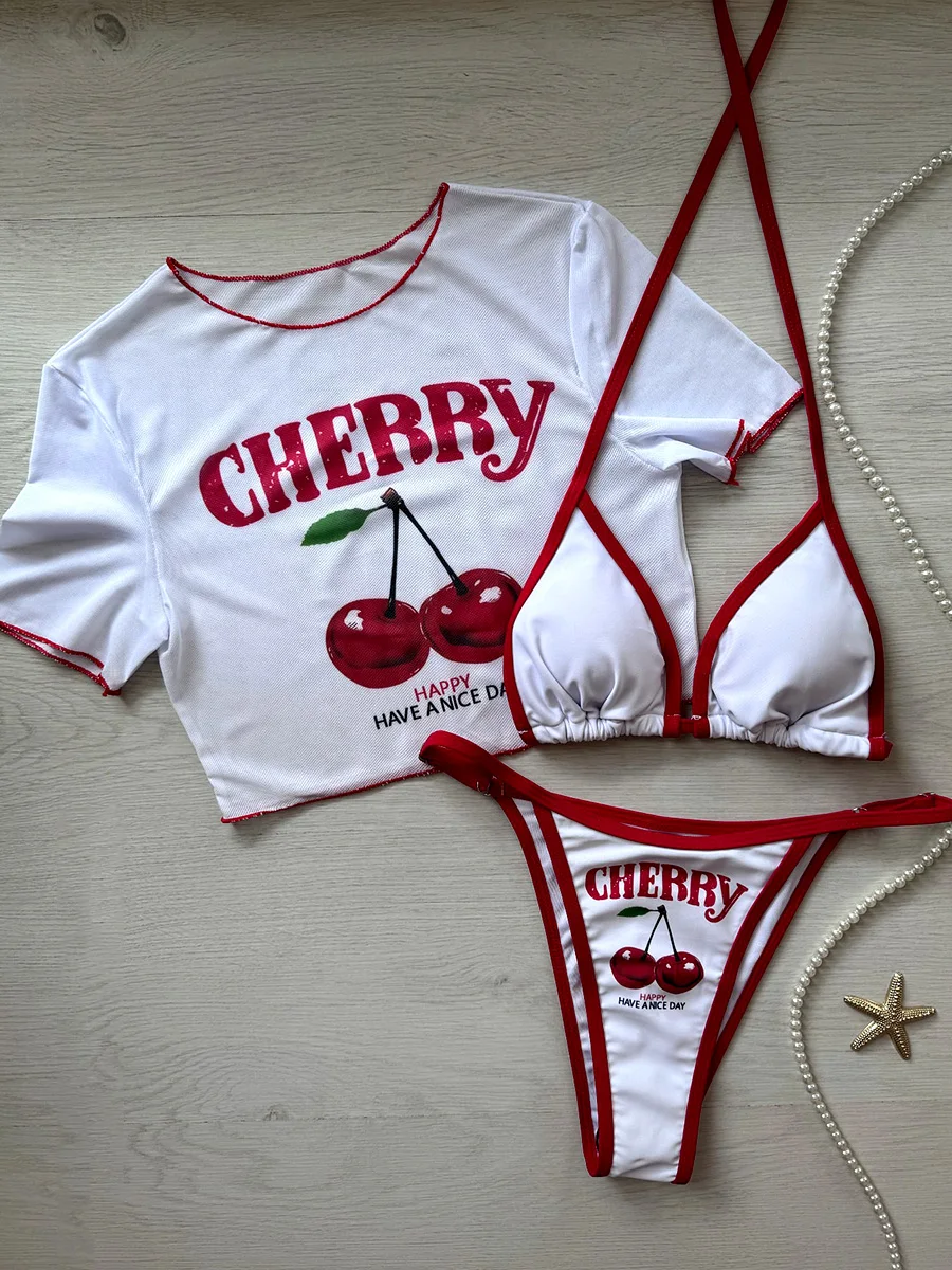 

Cherry Printed Short Sleeve Mini Thong Bikini Female Swimsuit Women Swimwear Three-pieces Bikini Set Bathing Suit Swim Beachwear