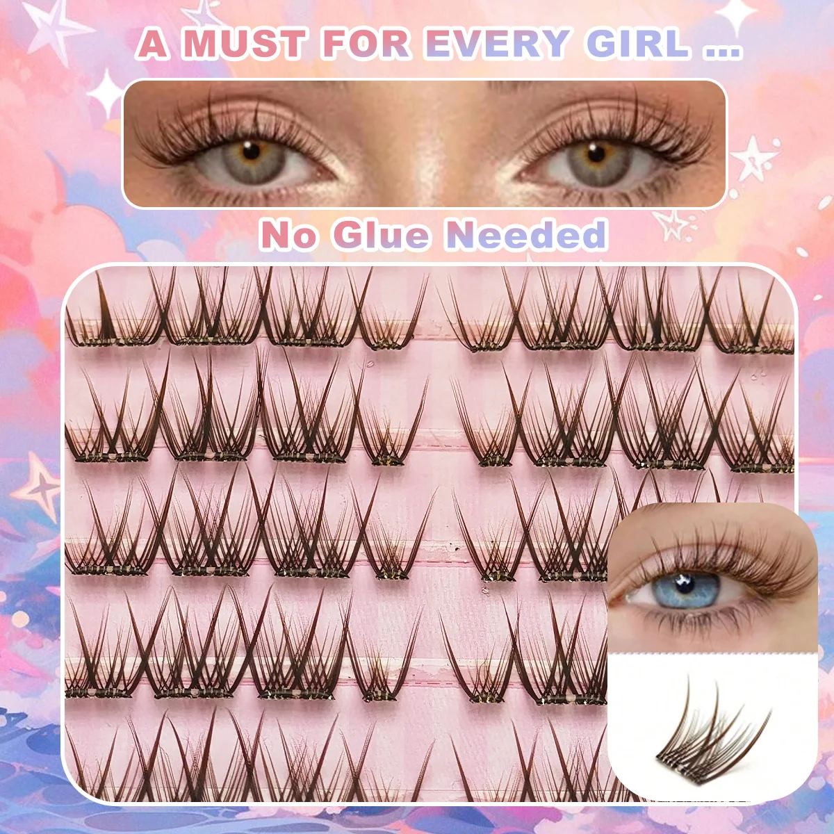 80 Stück, kein Kleber, natürliche braune Wimperncluster für Anfänger, selbstklebende Manga-Wimpernverlängerungen, einzelne Wimpern für den Alltag