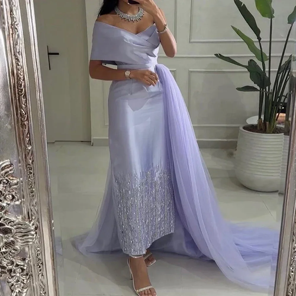 Serene Hill Lilac Satin Mermaid Beaded Tea Length Evening Dresses Wedding Party Gowns For Women 2025 DLA72194 Customized