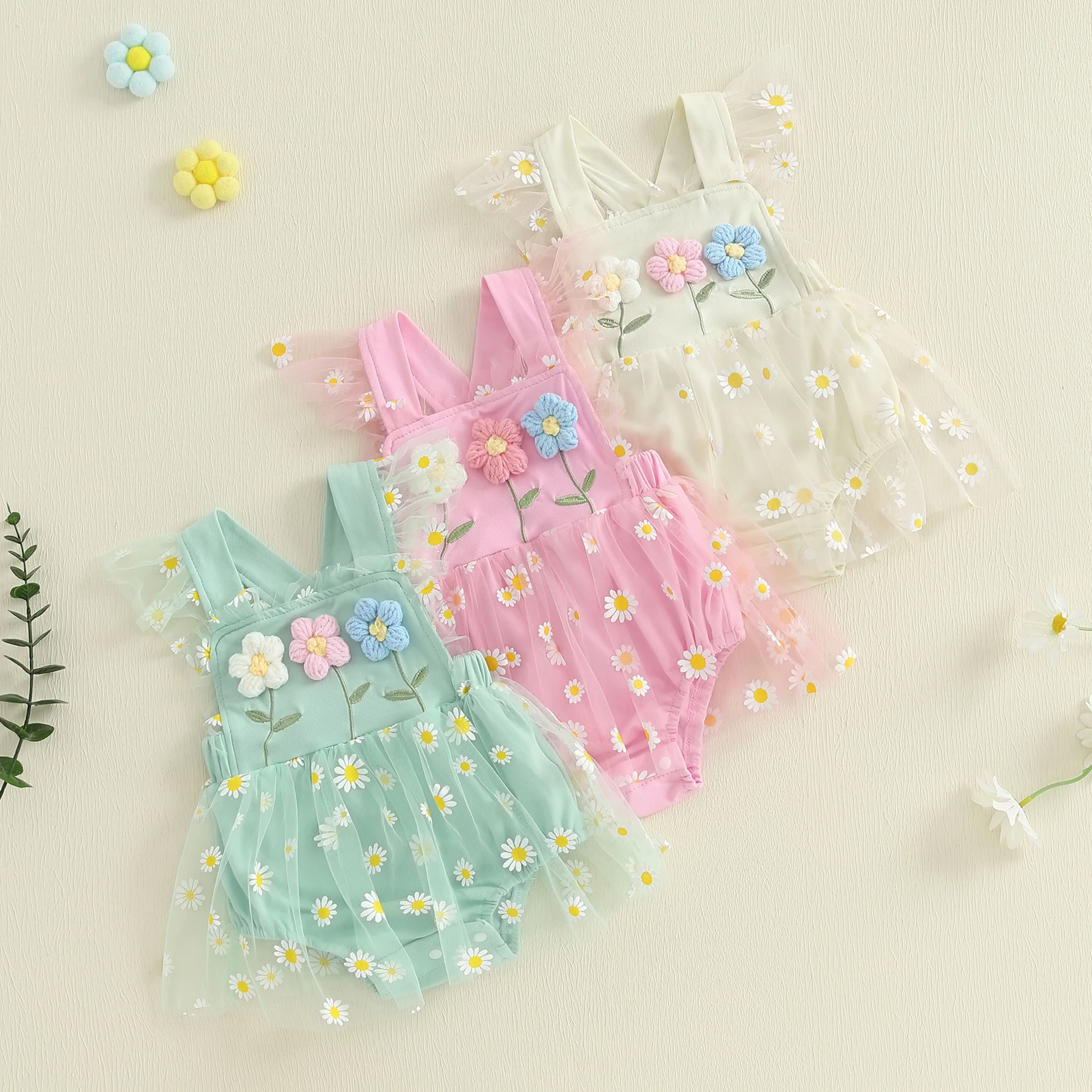 Summer Newborn Infant Baby Girl Romper Dress Sleeveless 3D Flower Patchwork Tulle Overalls Backless Jumpsuits Baby Clothing