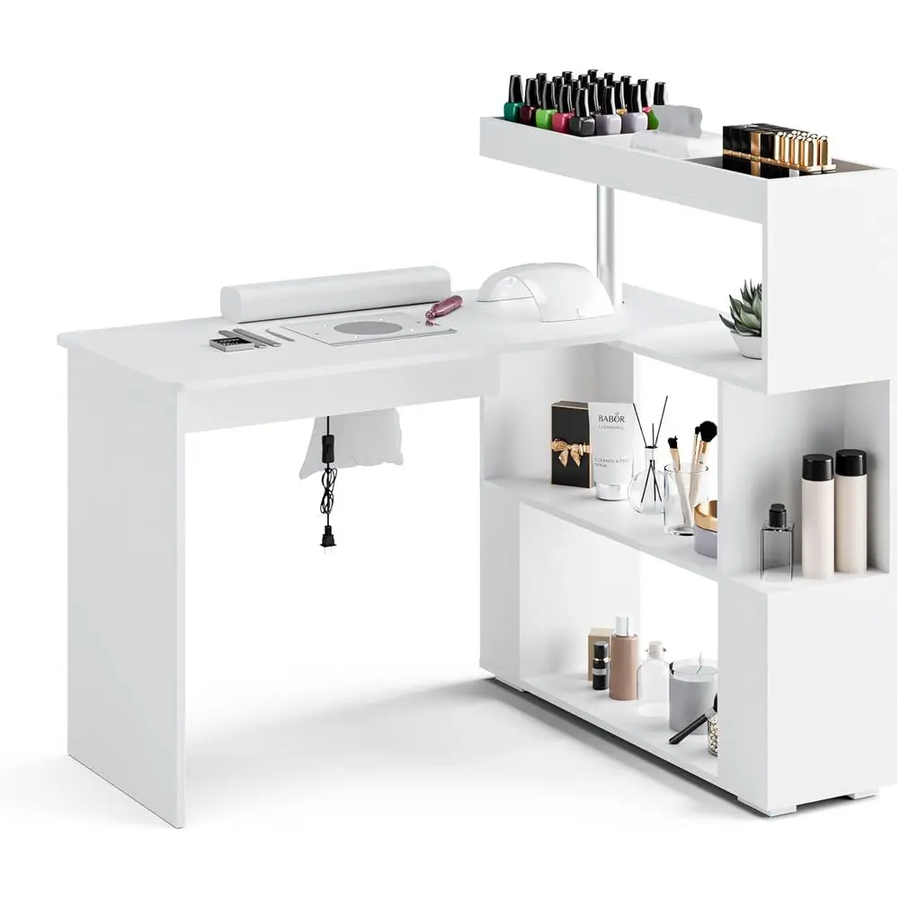 L-Shaped Manicure Table with Dust Collector, Rotating Desk and Storage, Acrylic Resistant Nail Technician Station, White