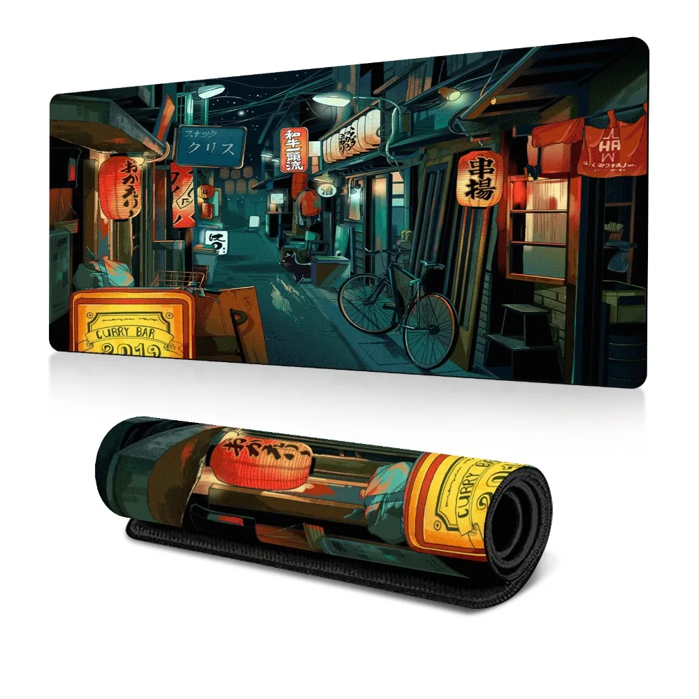 

Vintage Japanese Night Street Large Mouse Pad, Non-slip Stitched Edge Desk Mat, Retro Izakaya Lantern Alley Art Gaming