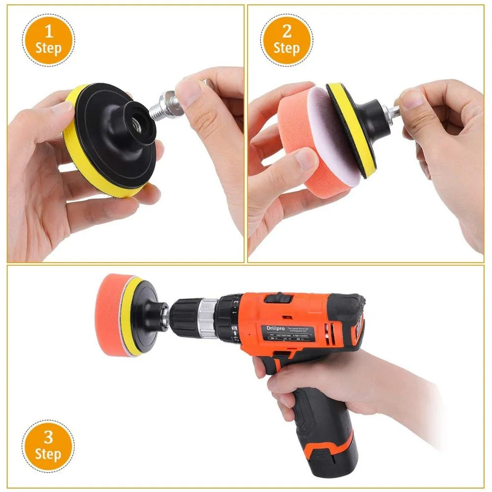 Juego de ruedas de esponja para pulir, 8 piezas, 3 almohadillas para pulir, 3 almohadillas de espuma para pulir automóviles (6 almohadillas para pulir y 1 taladro de hilo