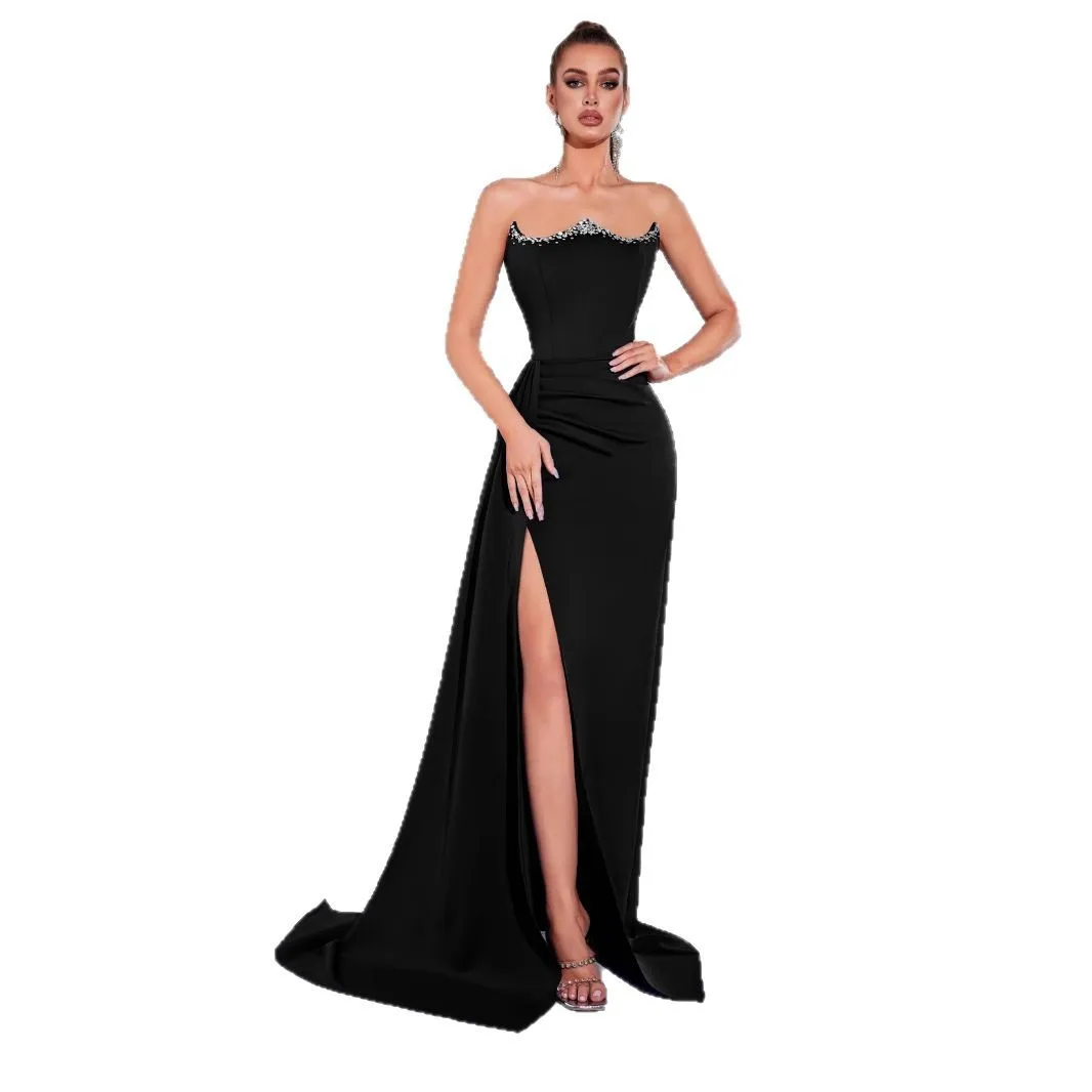 Ele cor pura drapeado diamante noite dr material de seda de cintura alta para par celebração gola primavera 2025