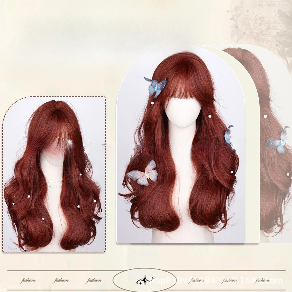 

Red-brown big wavy fluffy wig full head cover European and American fashion wig female Qi bangs long curly hair wholesale