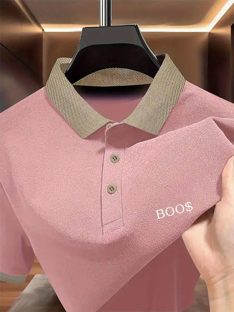 

Pink Contrast Collar Polo Shirt for Men, Short Sleeve, Polyester, Wrinkle-Resistant, Casual Summer Wear