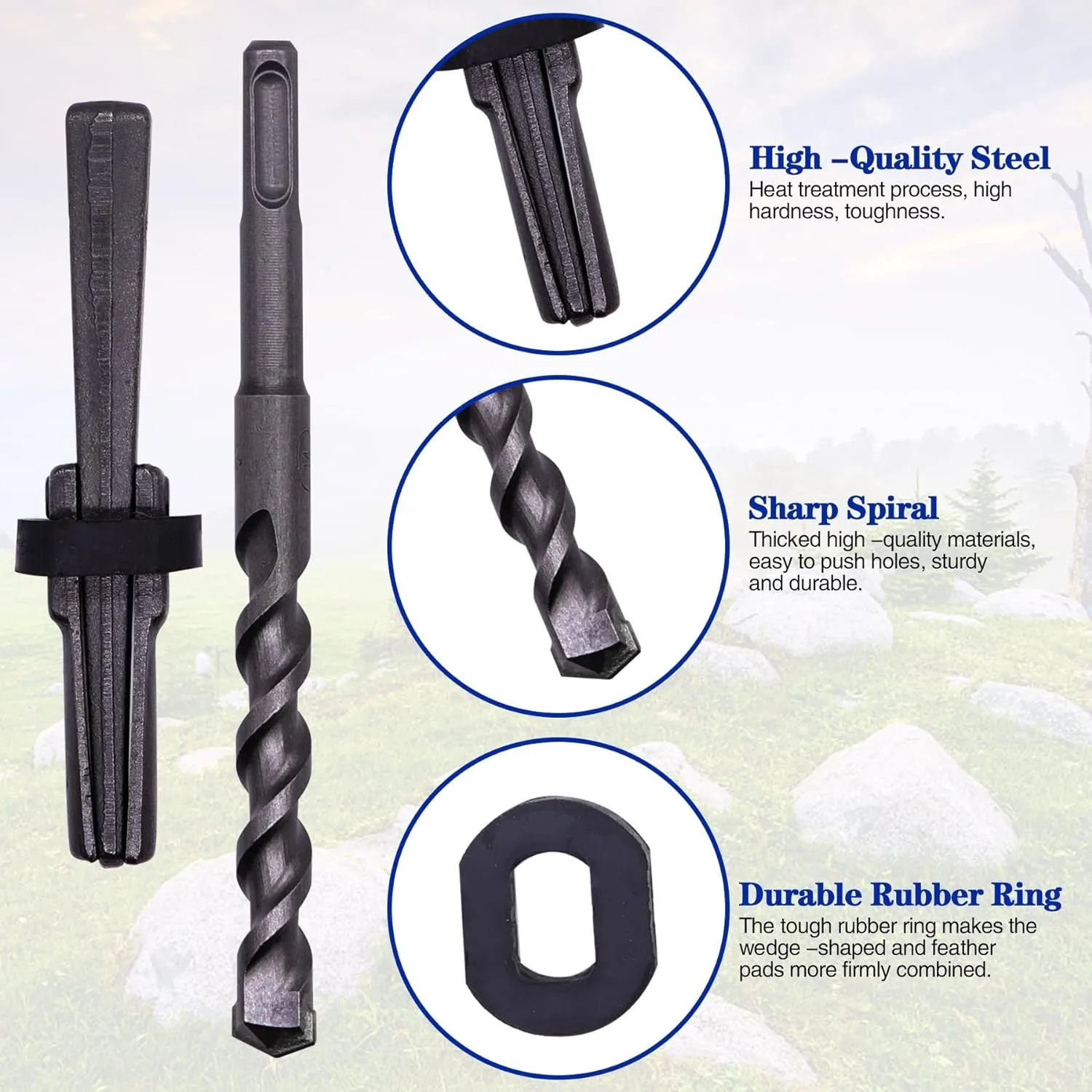6PCS Stone Splitter Tools Rock Splitting Wedges and Rotary Hammer Drill Bit for Granites Boulders Volcanic Rocks Limestone Rocks