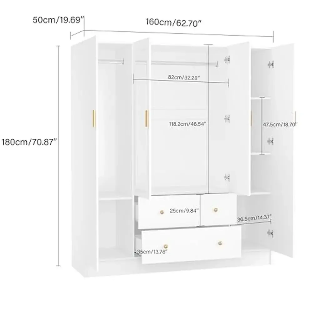 Bedroom Armoires Wardrobe Closet Mirror Shelves Hanging Rods 4 Doors 2 Drawers Simplistic Design Ample Storage Easy Assembly