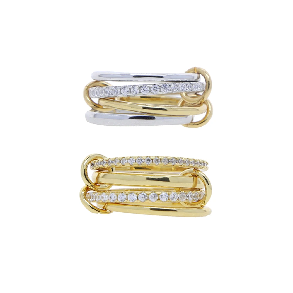 New Iced Out 4PCS Connect Band Finger Ring Two Tone Gold Color Zircon Rings For Women Fashion Jewelry