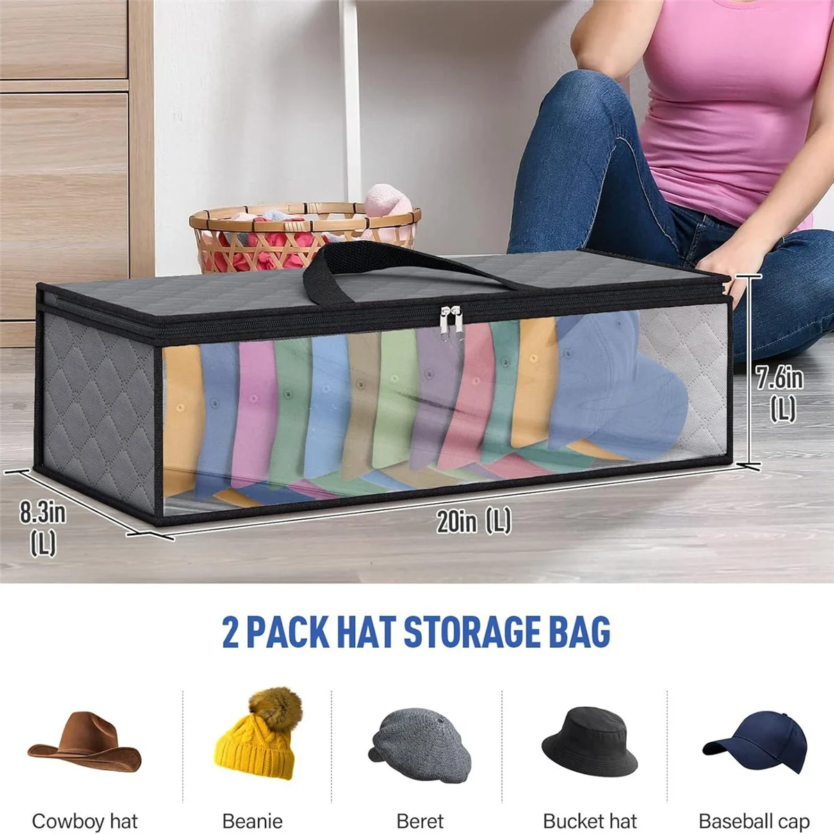 ABLK 2 Pack Hat Storage Bag for Baseball, Caps Hat Organizer Case Hat Holder Rack with 2 Carry Handles for Closet Moisture