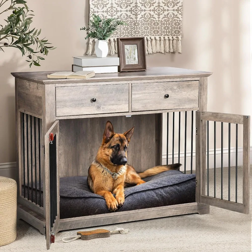 

44 Inch Large Dog Crate Furniture, Wooden Dog Kennel End Table With Storage Drawers, Decorative Pet Cage Dog House Indoo