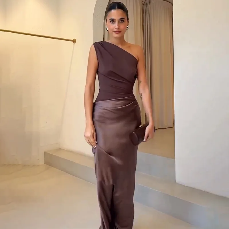 Elegant One-Shoulder Patchwork Satin Maxi Dress Women Sleeveless Ruched Slim Long Dresses 2026 Wedding Guest Evening Party Robes
