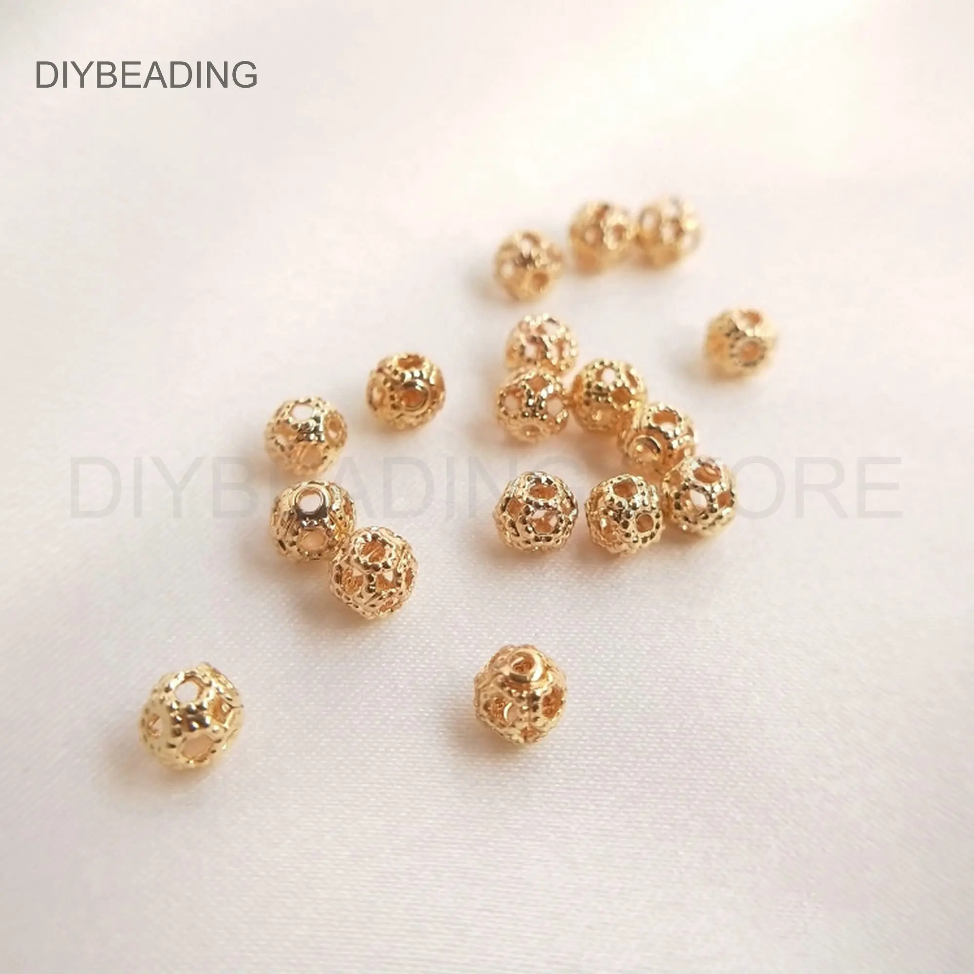 Gold Beads Online Bulk Wholesale 14K Real Gold Plated Brass Hollow Spacer Beads for Necklace Bracelet Earring Making Supply(4mm)