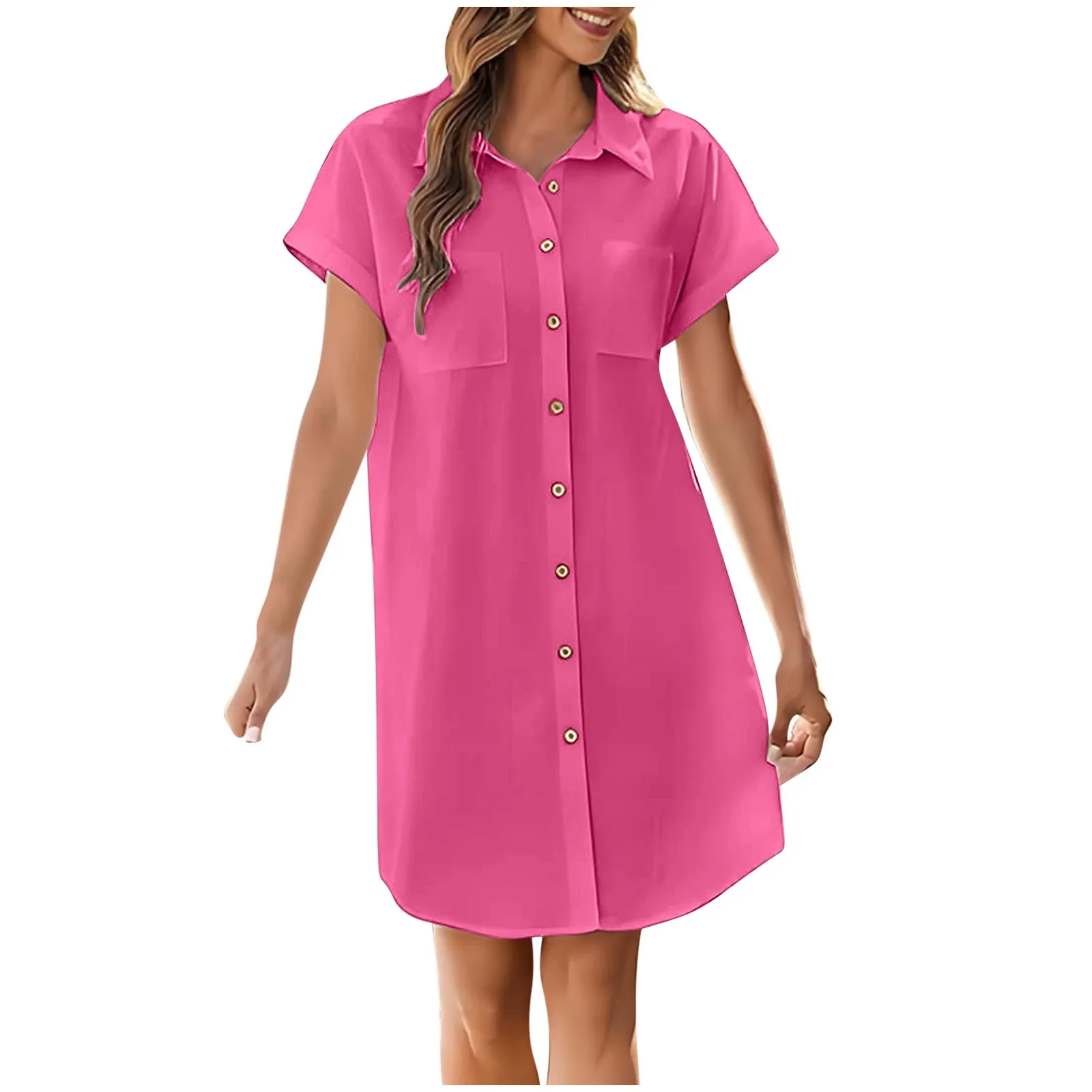 

Summer Casual Women's Shirt Dress Classic Solid Color Party Shirt Dress Temperament Short Sleeve Women's Knee-Length Dress