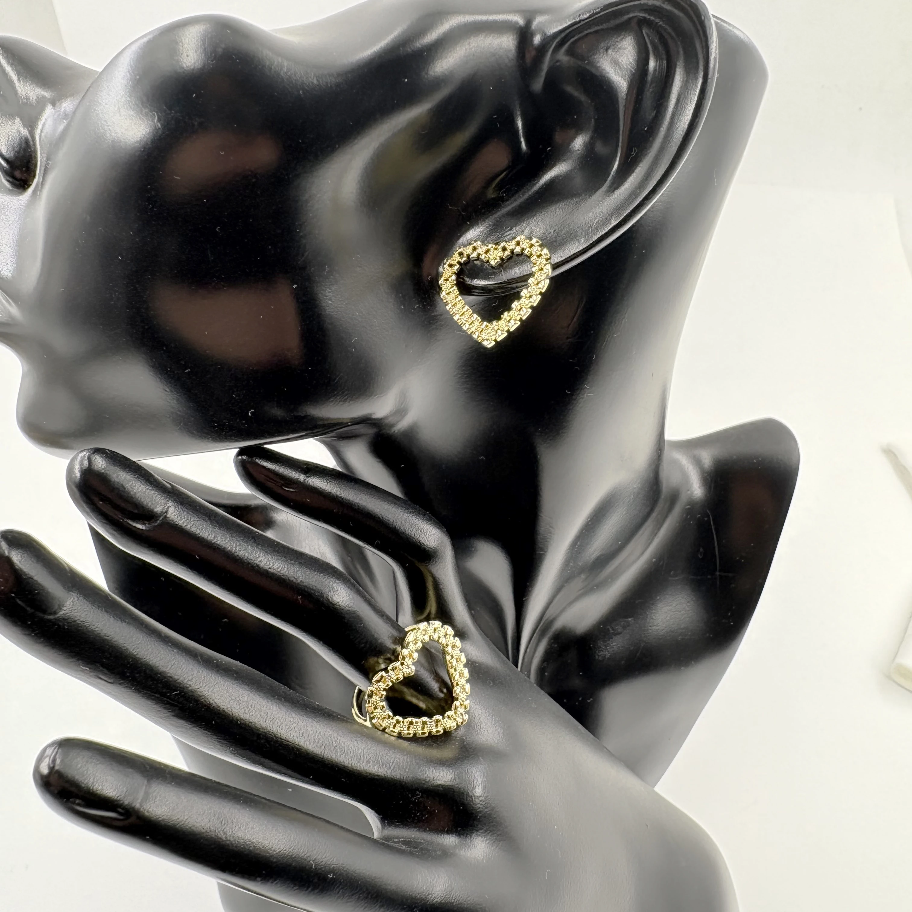 14K Gold Plated Chain Shape Earrings And Nugget Heart Ring Set Hip Hop Design for Women Dancer Singer Jewelry Gift