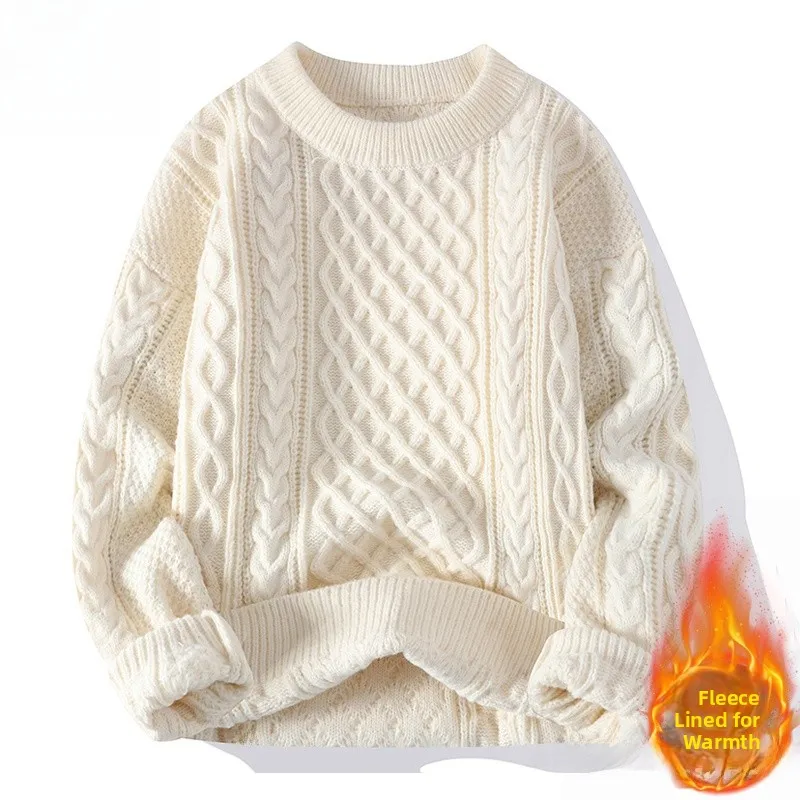 

Теплый вязаный свитер с флисовой подкладкой, мужская свободная футболка с круглым вырезом, однотонная, осенне-зимняя, новая модель, для ношения под одеждой, повседневный трикотаж