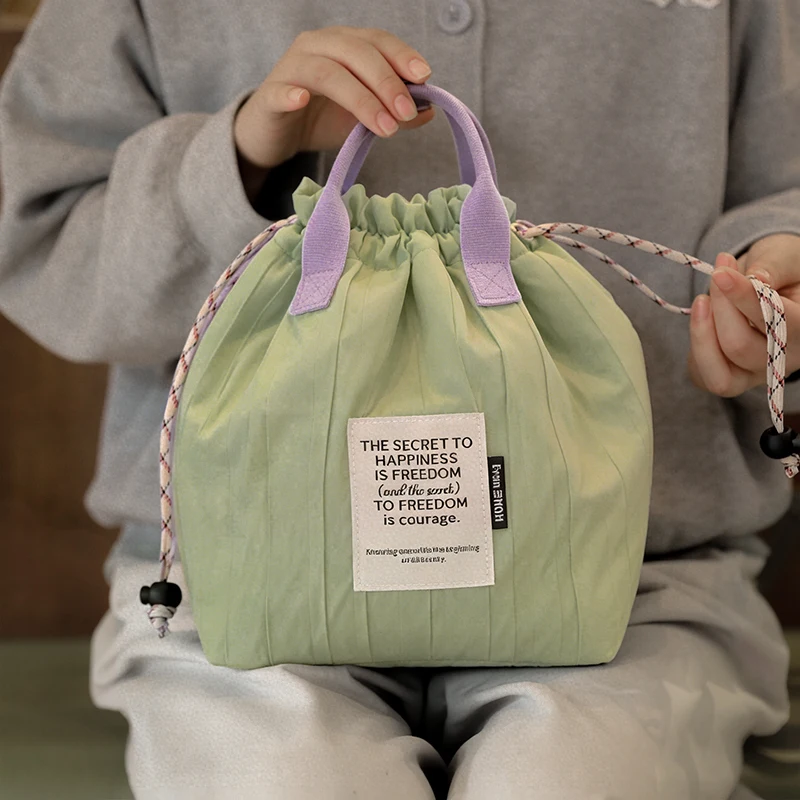 Color Blocking Insulated Lunch Box Bag, Adjustable Drawstring Lunch Box Bag, Large Capacity Commuting Lunch Bag