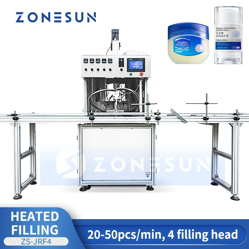 ZONESUN ZS-JRF4 4 Heads Hot Filling Machine with Heating Mixing Automatic Paste Lip Balm Vaseline Wax Cream Packaging Line