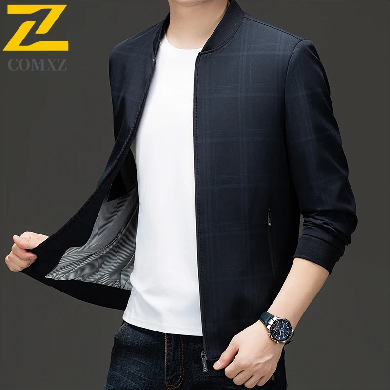 

New Trendy Baseball Jacket Men Stand Collar Business Casual Windproof Coat Resistant Spring Autumn Retro Office Water Outerwear