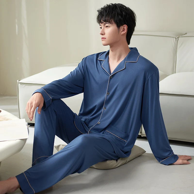 Pijamas de algodón de manga larga para hombre, ropa de dormir de Modal, conjuntos de pijama de salón simples para hombre, ropa de dormir de yardas grandes, M-3XL