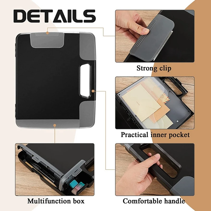 Mallette de rangement en plastique avec poignée, presse-papiers noir, classeur de construction, 14,4x12,1x2,44 pouces