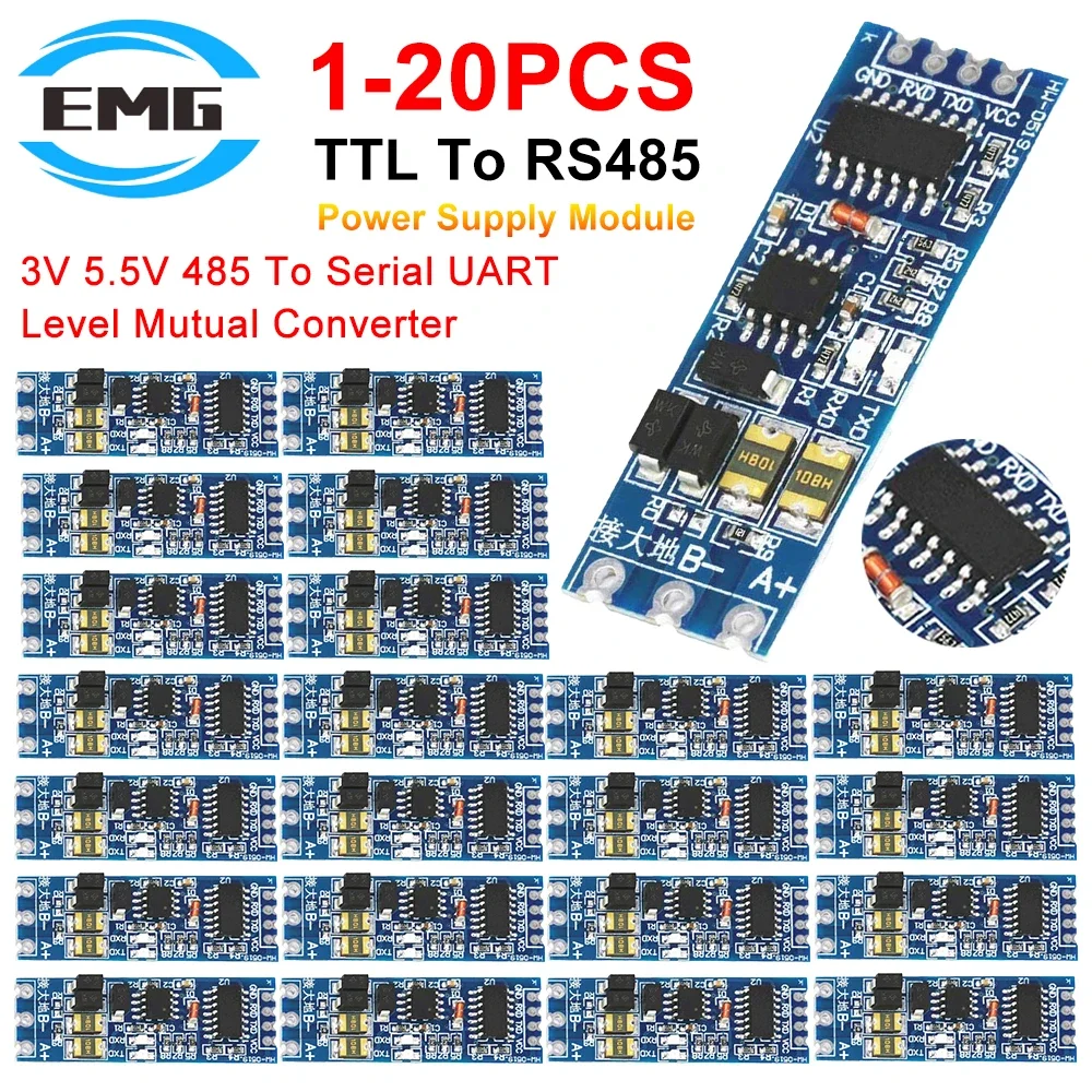 1-20PC 3.3/5V TTL To RS485 Module Hardware Automatic Flow Control Module Serial UART Level Mutual Conversion Power Supply Module