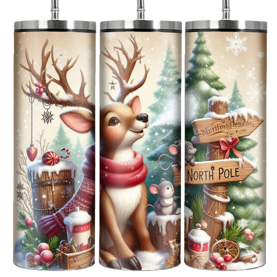 1Pc Drink Mug Straw Lid 20oz Stainless Steel Insulate Coffee Bottle Print 3D Tree Santa Claus Christmas Festive Party Home decor