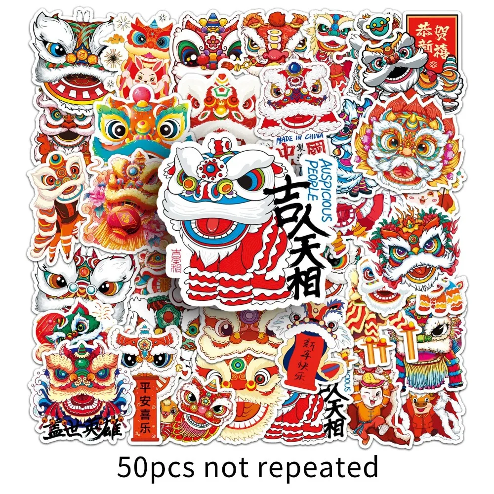 50Pcs Graffiti Stickers China Lion Dance Decorative Stickers Waterproof PVC Lion Dance Series Cartoon Sticker Decals Colorful