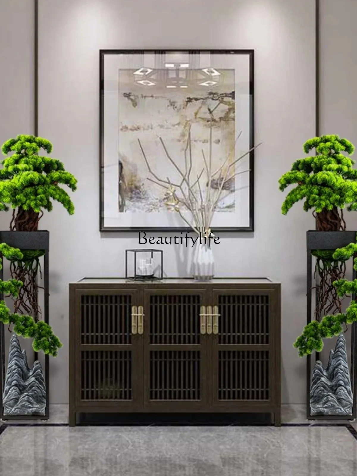 02   New Chinese Style Large Artificial Green Plant Bonsai Welcoming Pine Ornament for Living Room