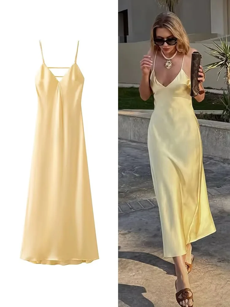 

Elegant Yellow Satin Maxi Dress Women Backless Sleeveless Skinny Sling Bandage Vestidos New Fashion Female Vacation Beachwear