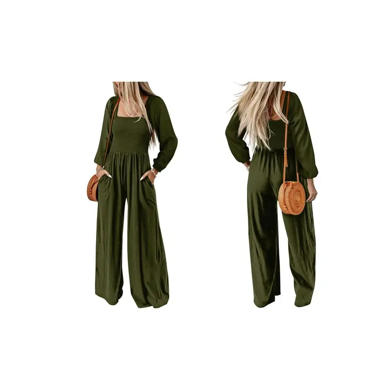 

CYL-Women's Casual Loose Overalls Jumpsuits One-Piece Long Sleeve Wide Leg Long Pant Rompers With Pockets