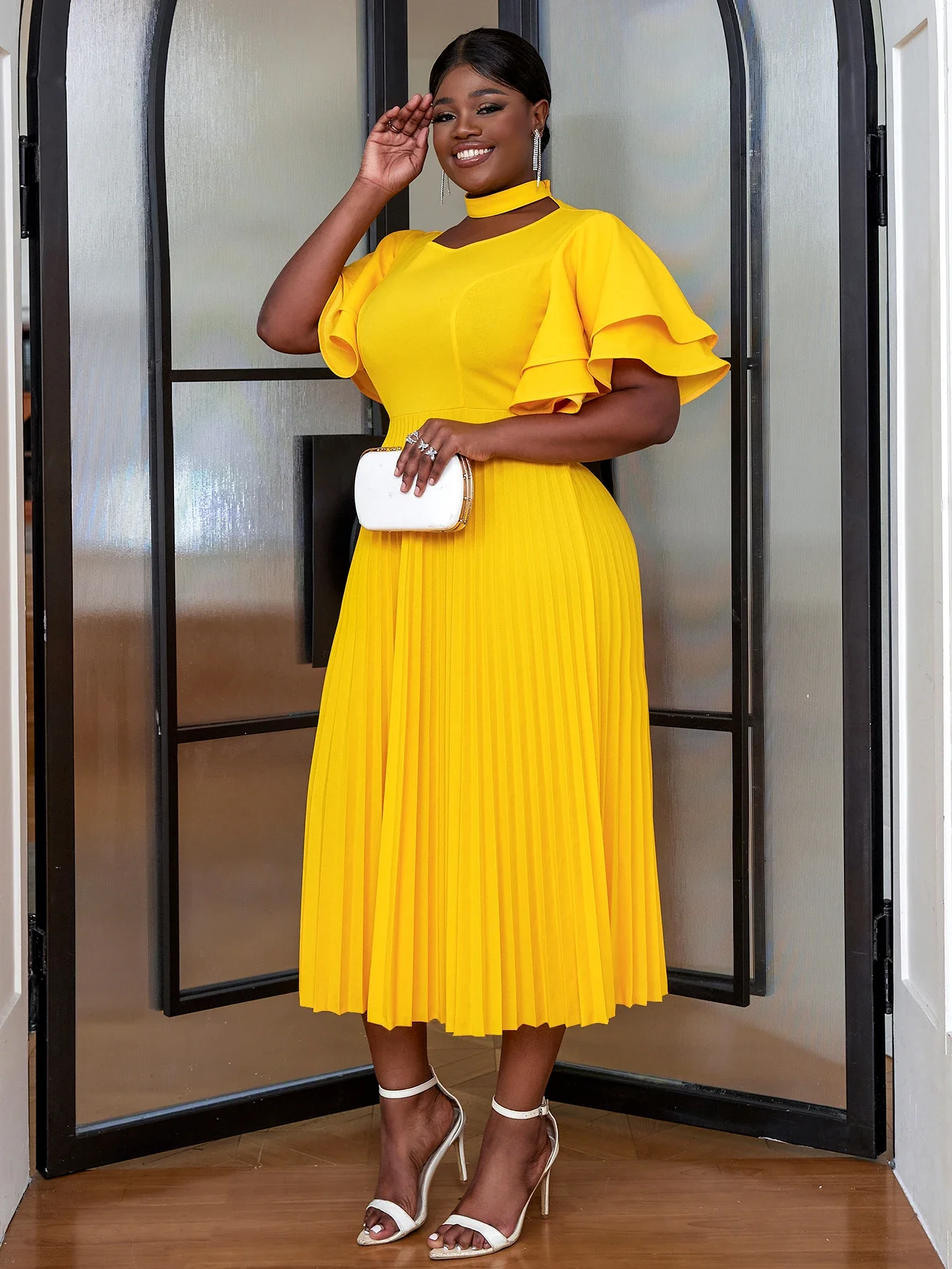 Women Elegant Pleated Dresses Yellow Halter O Neck Short Ruffles Sleeve Casual Plus Size 4XL Birthday Prom Celebrate Gowns New