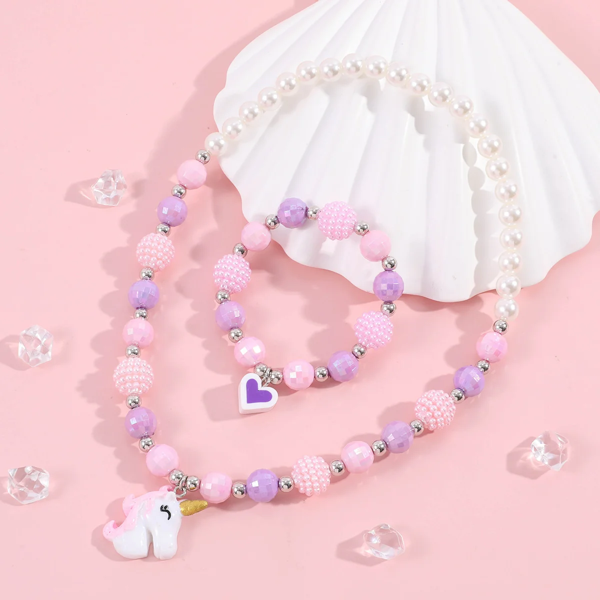 Cute Unicorn Pendant Necklace for Girls Heart Beads Necklace for Children Fashion Jewelry Accessories Birthday Gift