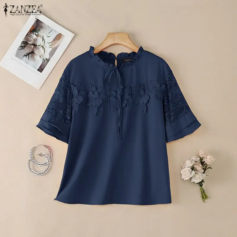 

2026 ZANZEA Summer Women Tops Floral Patchwork Blouse Trend Elegant Work Shirt O Neck Short Sleeve Holiday Blusas Mujer Femme