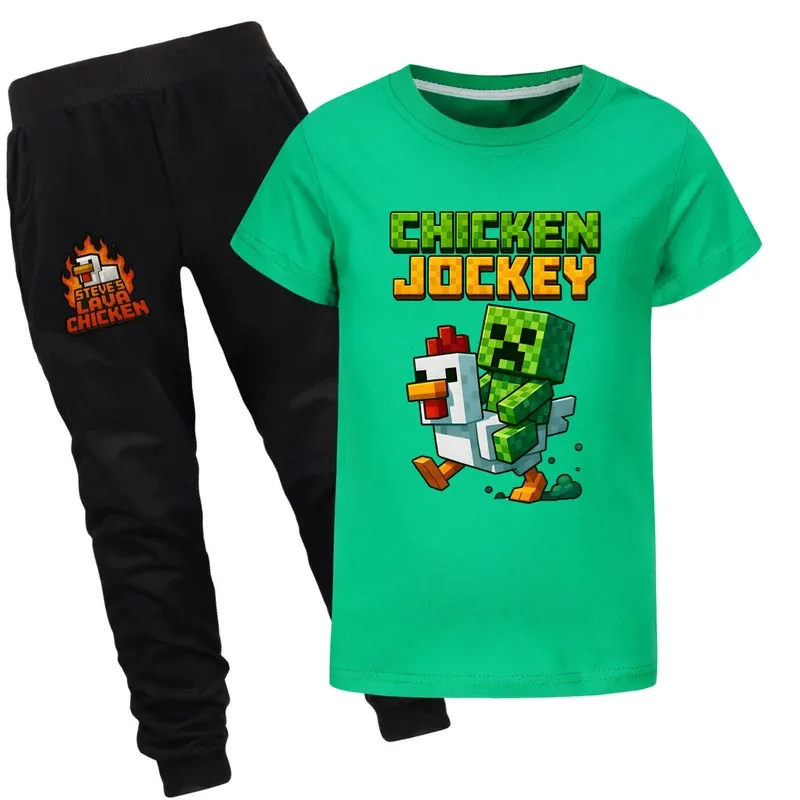 111 www الصيف جوكي ملابس الأطفال البدلة طفل الفتيان الفتيات ستيف الحمم الدجاج تي شيرت السراويل 2 قطعة مجموعات موضة رياضية