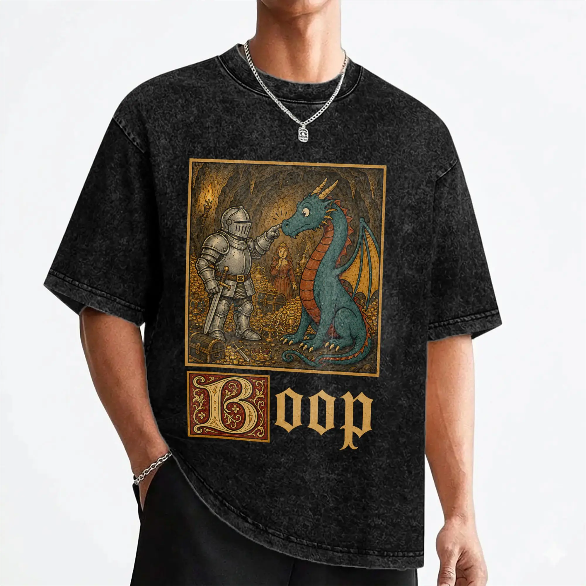 Le Boop Medieval Knight Dragon T Shirts Washed 100% Cotton Oversize T-Shirts  Novelty for Men Women Streetwear Printed Tees