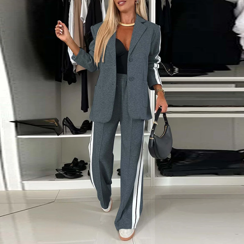 Fall Long Sleeve Straight Elegant Women\'s Sets Casual Single Breasted Lapel Blazer Pant Suits Winter Striped Print Office Outfit