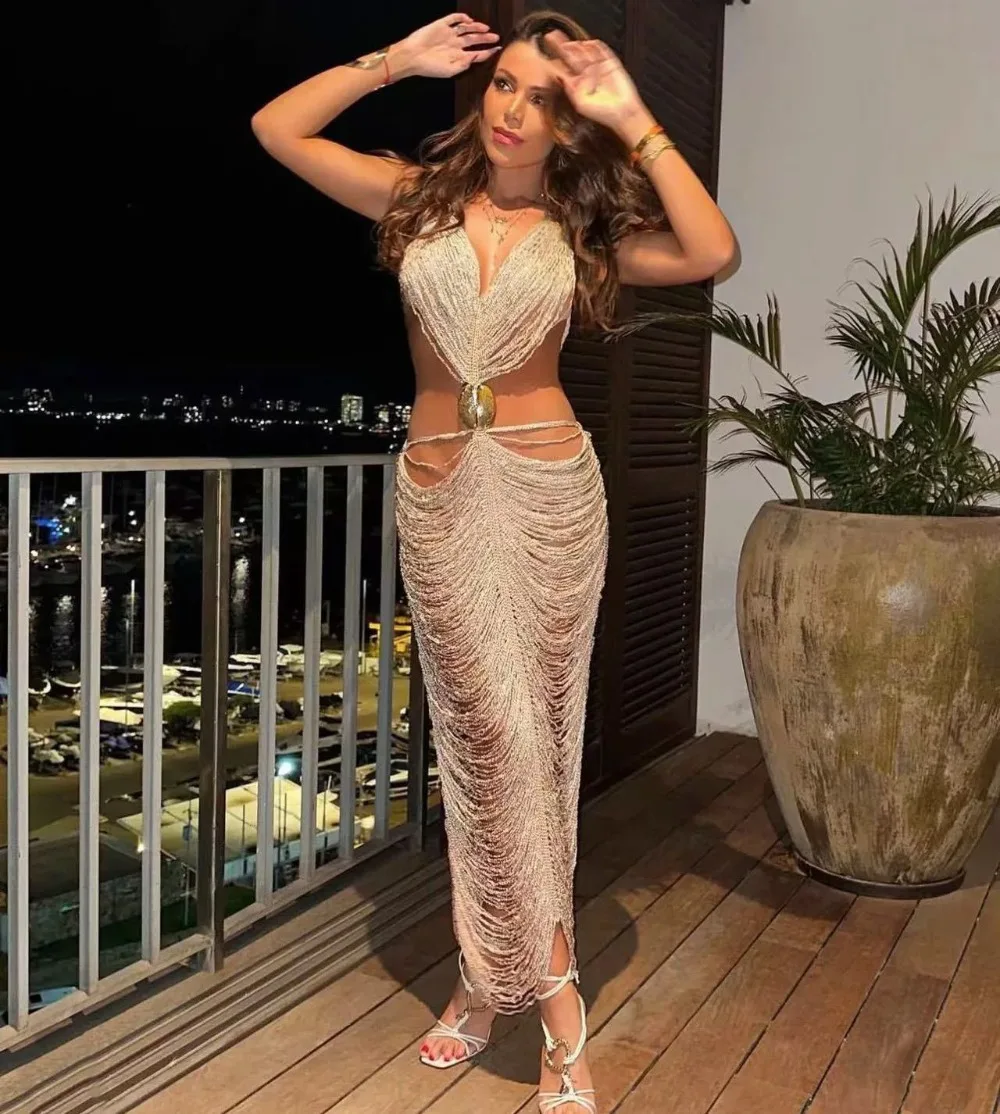 Uitgesneden V-hals Midi-jurk Dames Zomer Kwastje Backless Bodycon Feestjurken Slanke Maxi Vestidos Vakantie