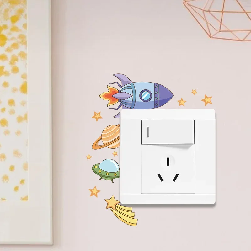 Switch Stickers Cartoon Rocket spacecraft stars Wall Sticker Tropical Switch Wallpaper Self-Adhesive Wall Decals Home Decor DIY