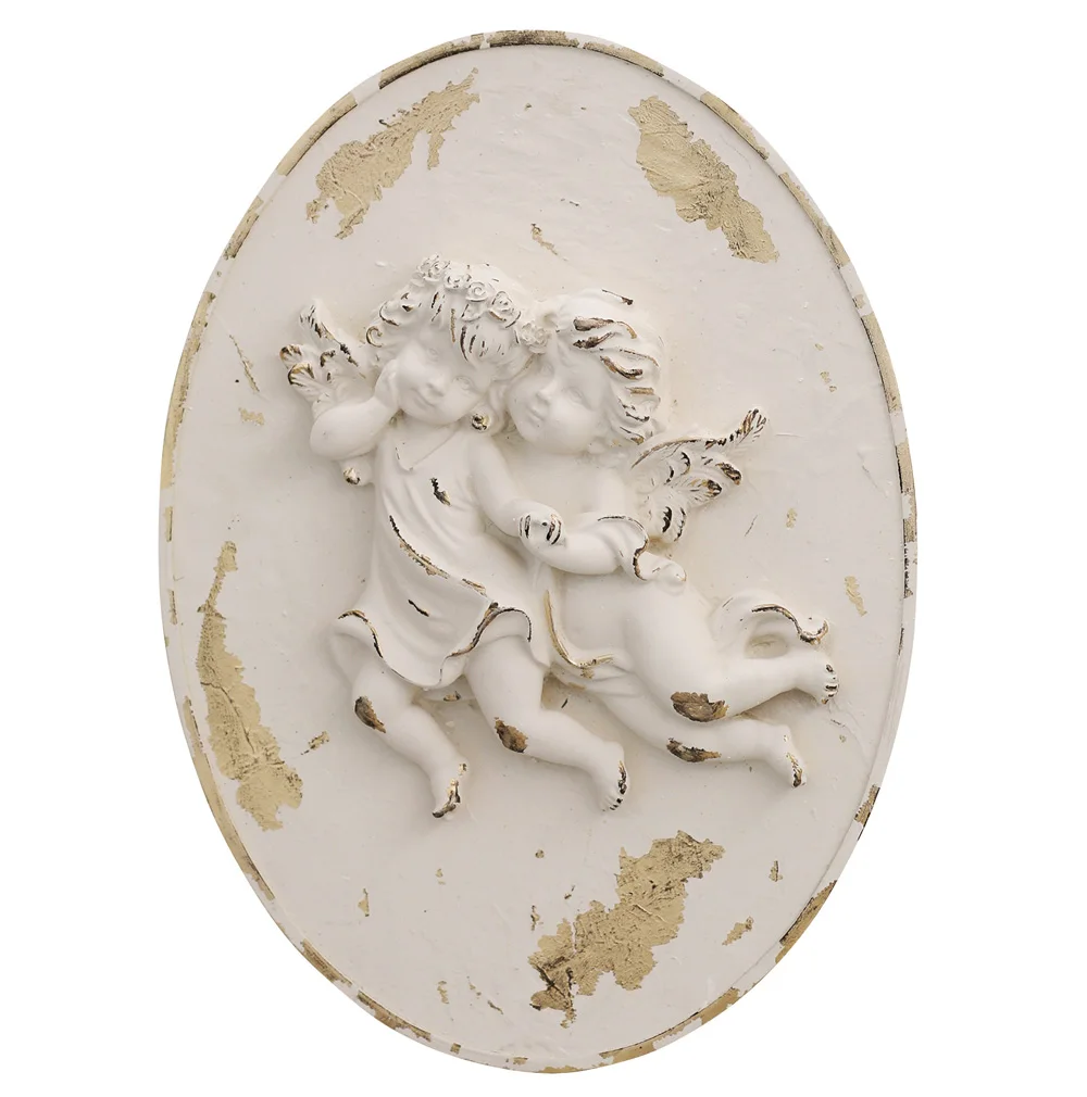 Hand Paint Vintage White Retro Oval Resin Embossed Angel Wall Decor Plaque