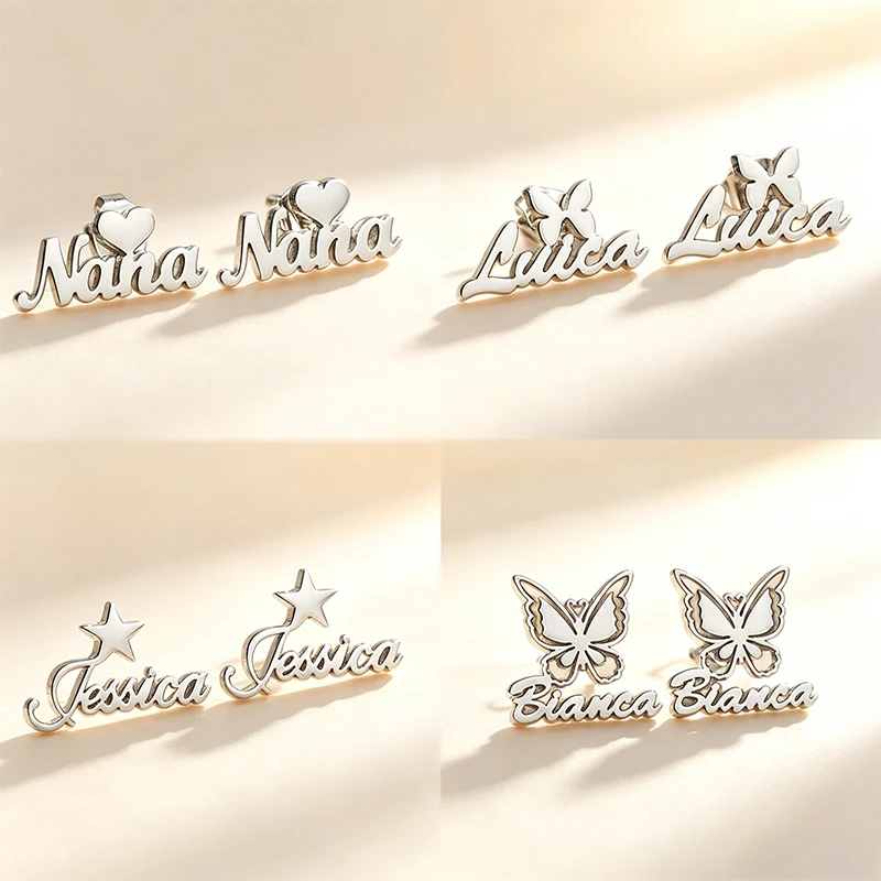 Stainless Steel Personalized Name Hoop Stud Earrings Woman Girls Circle Nameplate Customized Earring Jewelry Statement Gift