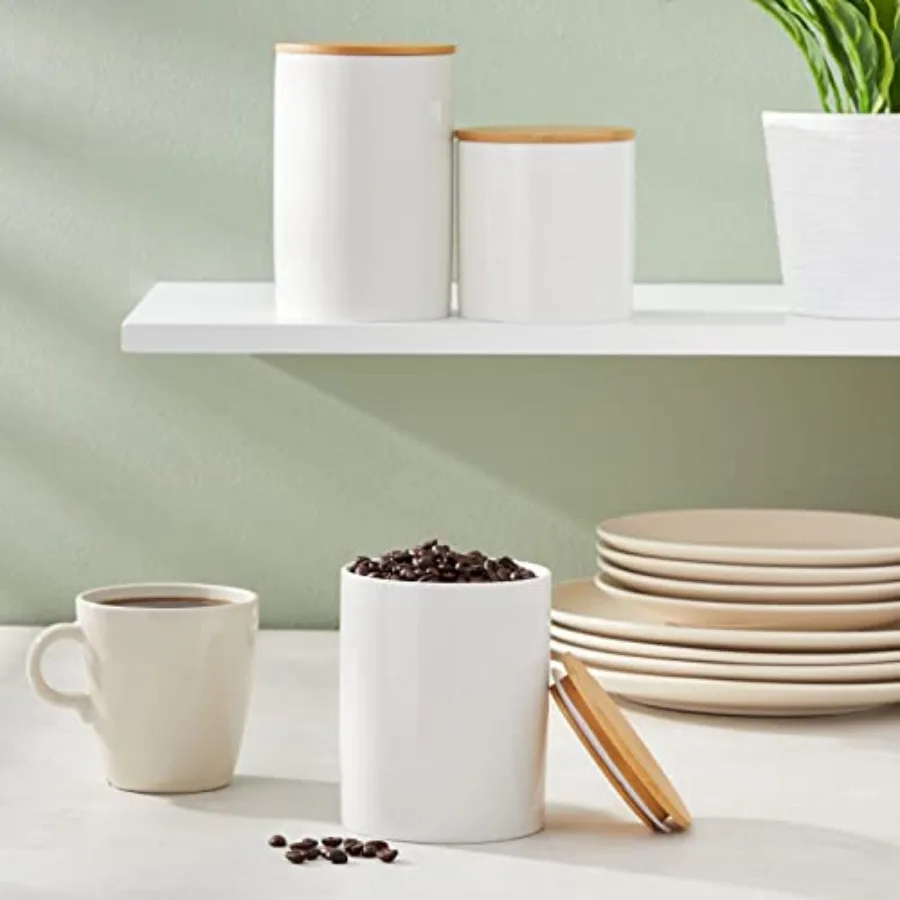 Ceramic Canisters - Coffee Canisters with Airtight Wood Lids - Countertop Coffee Tea Sugar Container Set - Flour and Sugar Stor - view 2