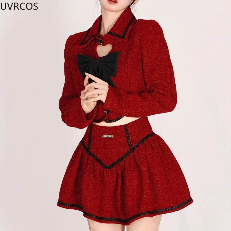 Women Autumn Winter 2 Piece Sets Fashion Elegant Single-breasted Bow Woolen Jackets Mini Skirts Suit Female Slim Red Tweed Set