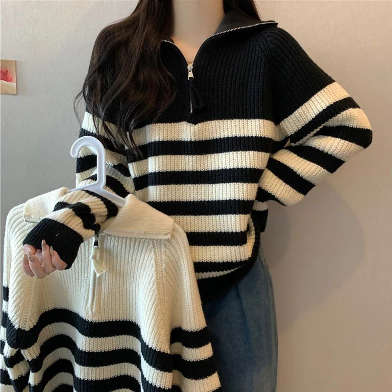 Half-high Collar Zip-up Stripe Pullover Sweater Women Autumn  New Design Sense Over Fit Knit Long Sleeve Top