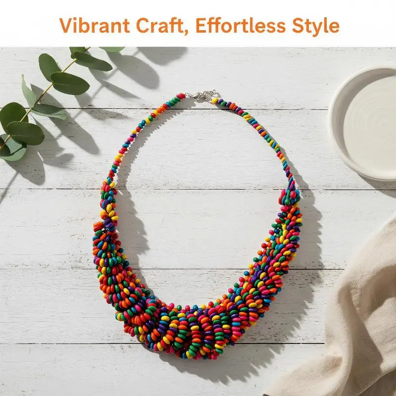 Hand Woven African Bohemian Necklace Colored Wooden Bead Statement Choker for Girls Summer Travel Photo Props