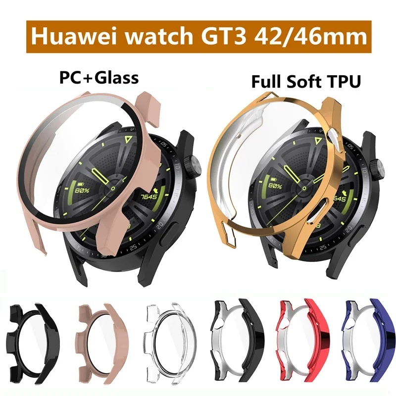 Pokrowiec ochronny do Huawei Watch GT3 46mm 42mm ochronny twardy PC szkło hartowane ochraniacz ekranu do zegarka Huawei GT 3