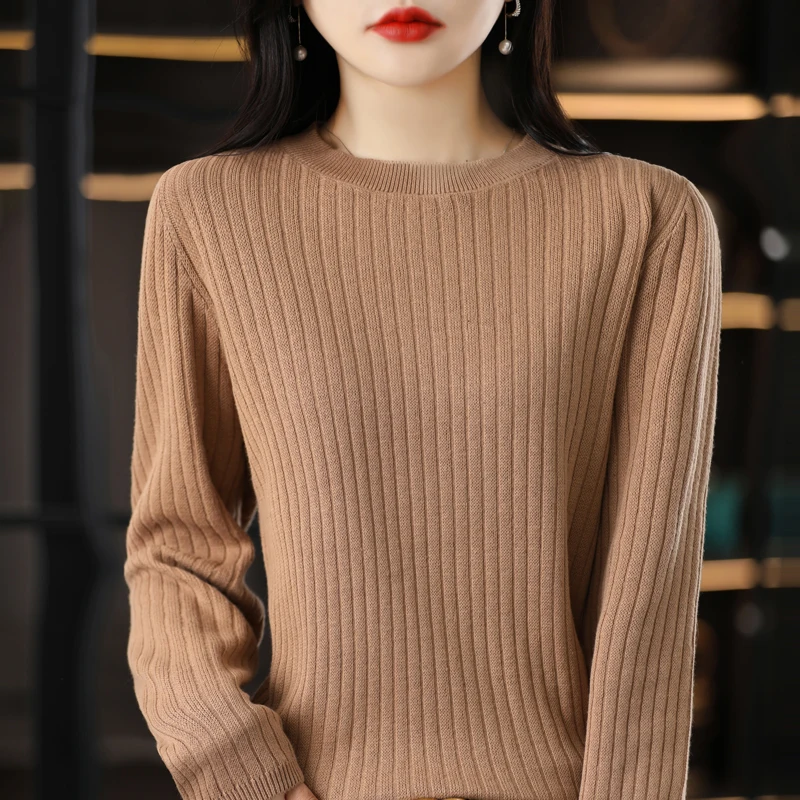 Autumn Winter Women 100% Cotton Sweater O-Neck Pullover Vertical Pit Strip Long Sleeve Knitwear Slim Warm Bottoming Tops