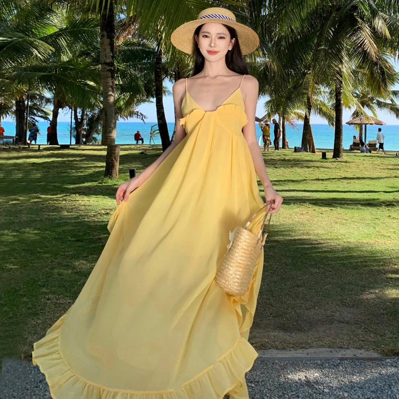 

Women cloth woven women dress yellow sexy backless dress seaside holiday dress ruffled beach dress